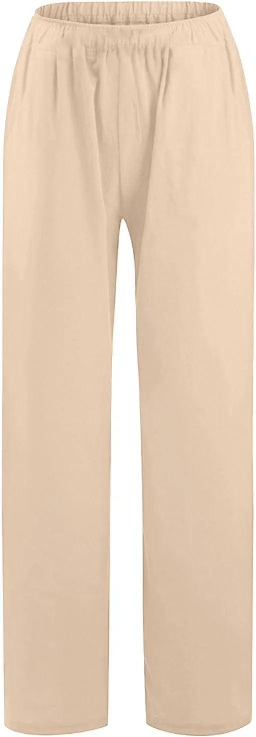 Linen Beach Pants Women Pants Drawstring Striped with Pockets- Trendy Trousers Wide Leg Gauze for Women Sweat