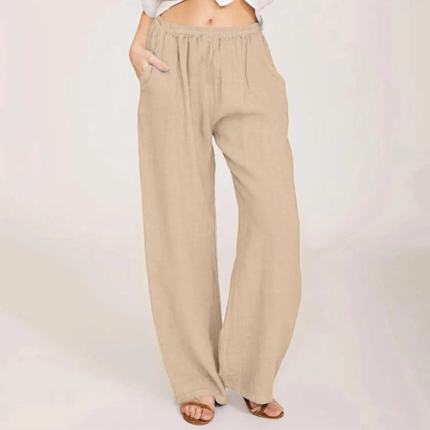 Linen Beach Pants Women Pants Drawstring Striped with Pockets- Trendy Trousers Wide Leg Gauze for Women Sweat