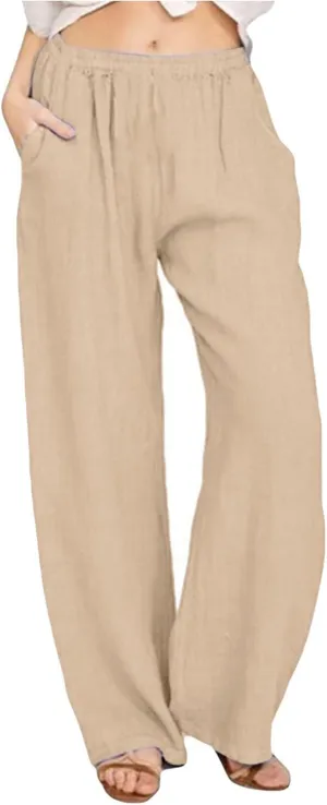Linen Beach Pants Women Pants Drawstring Striped with Pockets- Trendy Trousers Wide Leg Gauze for Women Sweat