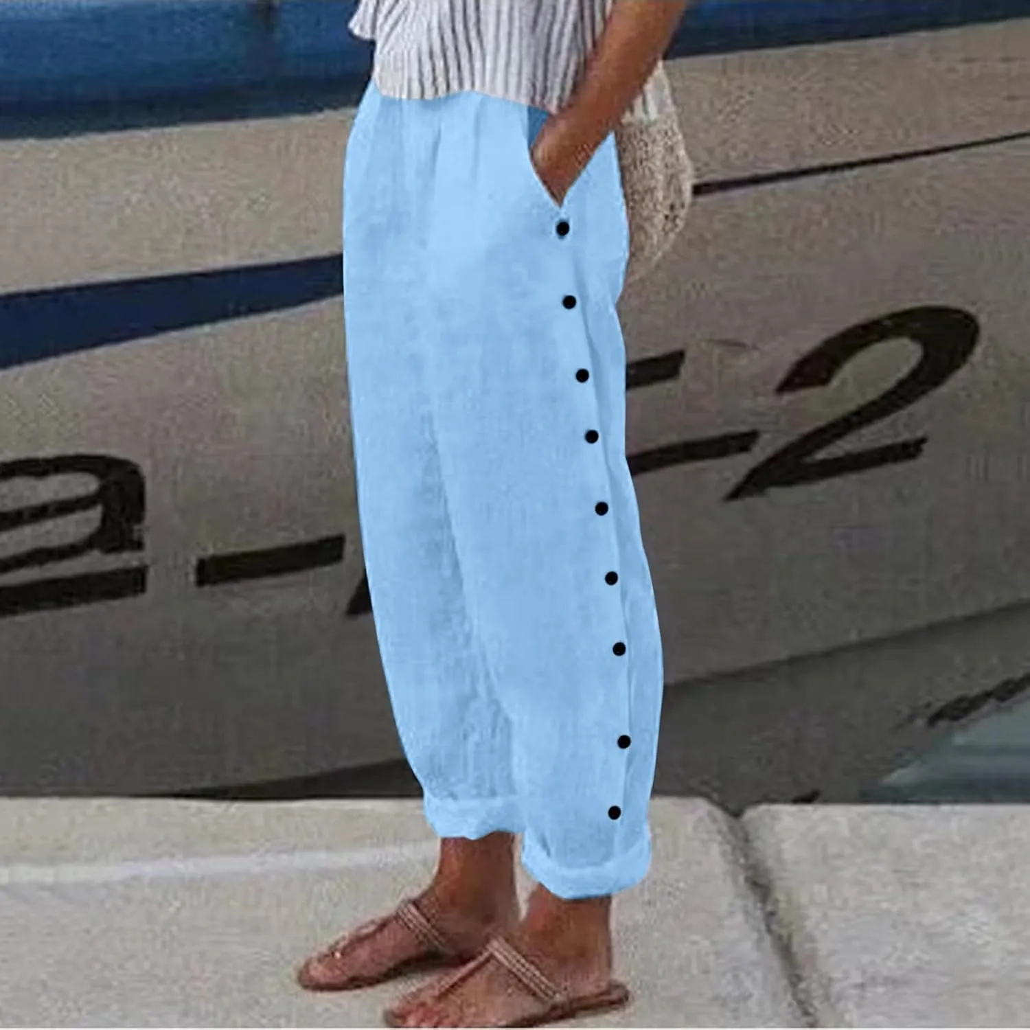 Linen Pants for Women Summer Casual Elastic High Waist Straight Leg Lounge Pants Beach Plus Size Lightweight Trousers
