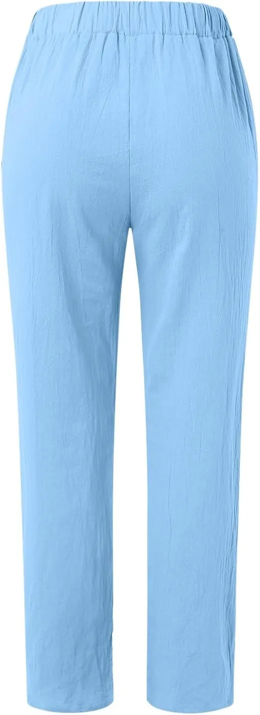 Linen Pants for Women Summer Casual Elastic High Waist Straight Leg Lounge Pants Beach Plus Size Lightweight Trousers