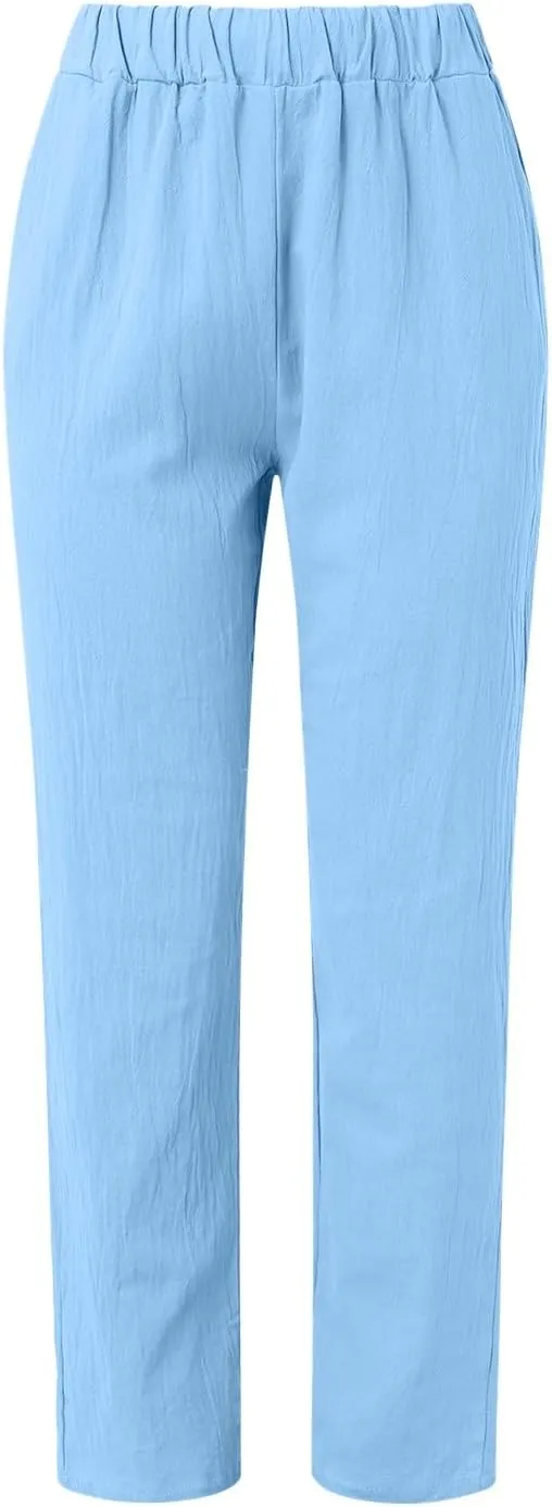 Linen Pants for Women Summer Casual Elastic High Waist Straight Leg Lounge Pants Beach Plus Size Lightweight Trousers