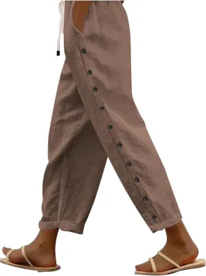 Linen Pants for Women Wide Straight Leg Side Button Pants 2025 Trendy Baggy Elastic Waist Trousers with Pockets