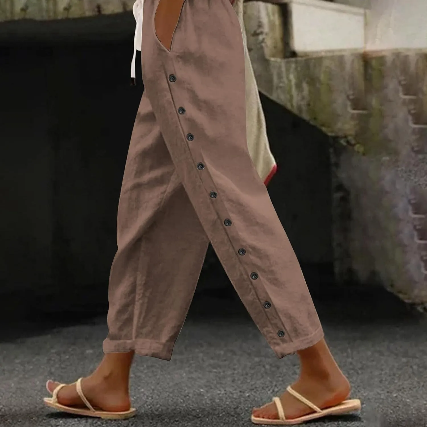 Linen Pants for Women Wide Straight Leg Side Button Pants 2025 Trendy Baggy Elastic Waist Trousers with Pockets