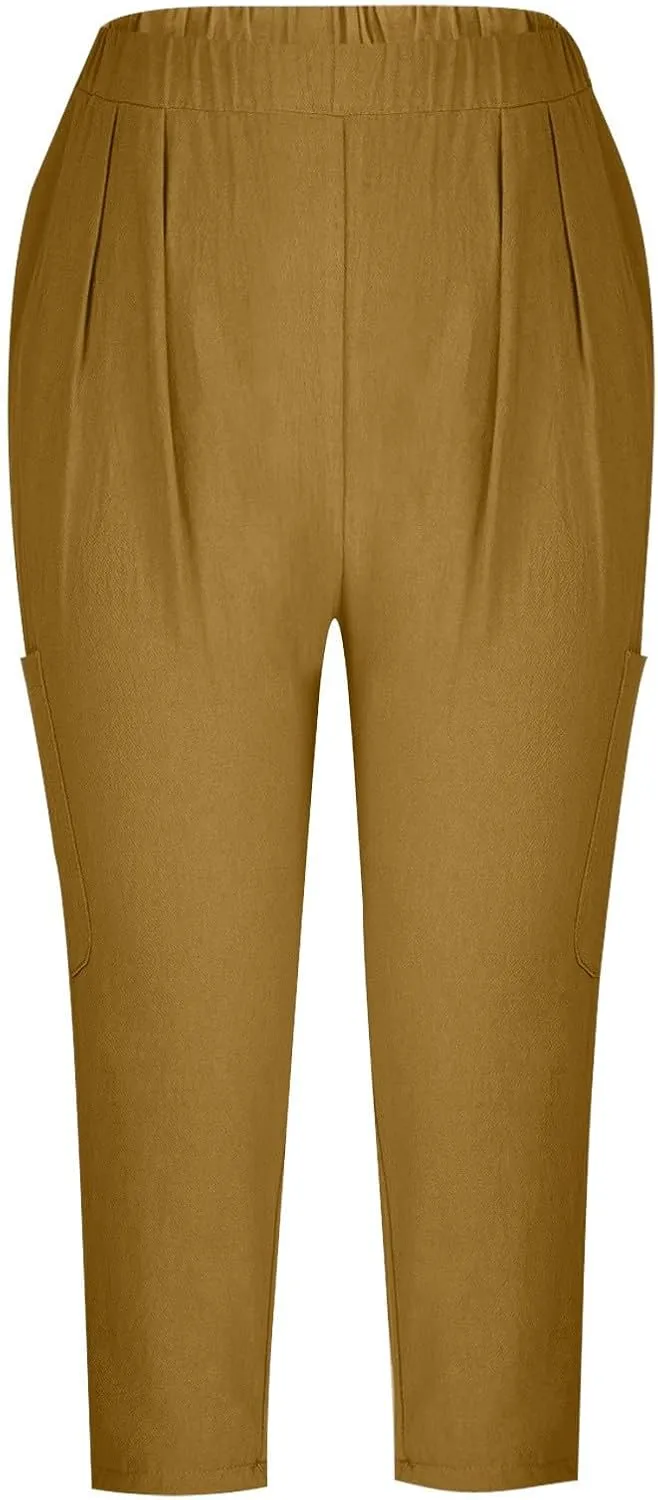 Linen Pants Women Casual 2025 Summer Elastic Waist Pull on Capri Pants Pull on Straight Leg Cropped Pants with Pockets