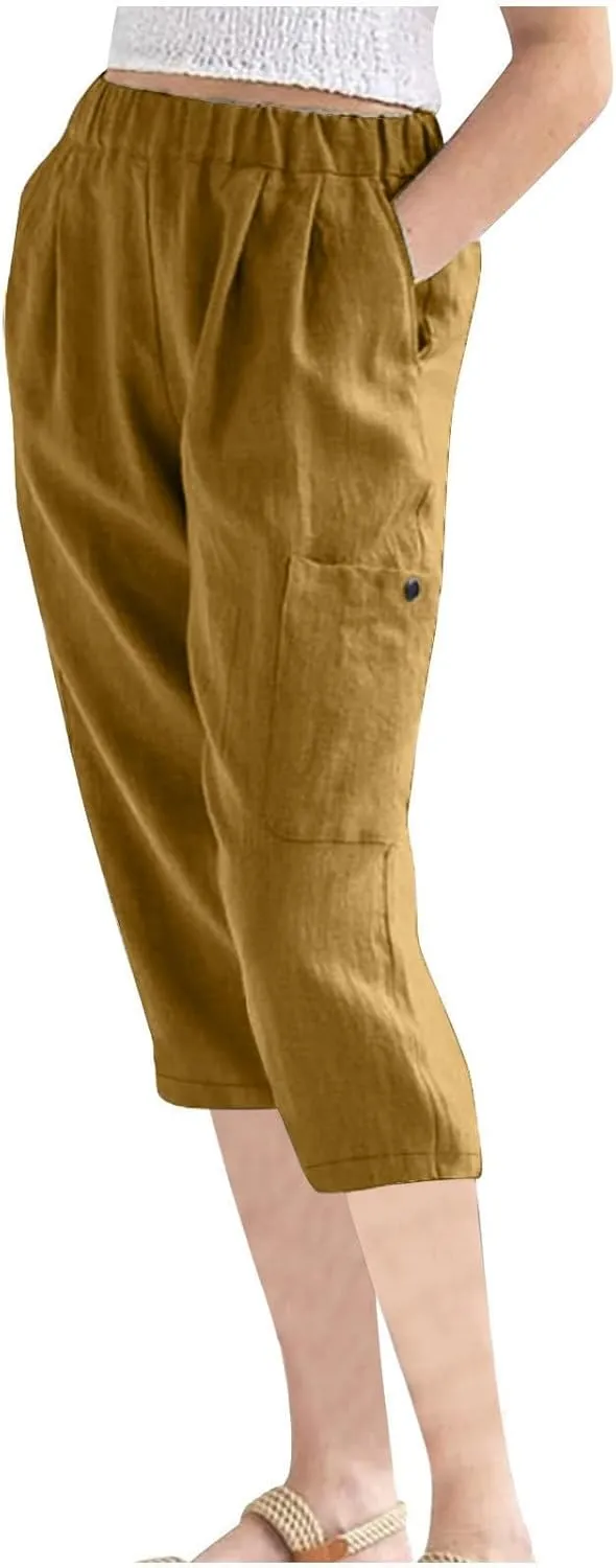 Linen Pants Women Casual 2025 Summer Elastic Waist Pull on Capri Pants Pull on Straight Leg Cropped Pants with Pockets