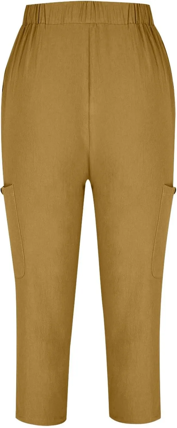 Linen Pants Women Casual 2025 Summer Elastic Waist Pull on Capri Pants Pull on Straight Leg Cropped Pants with Pockets