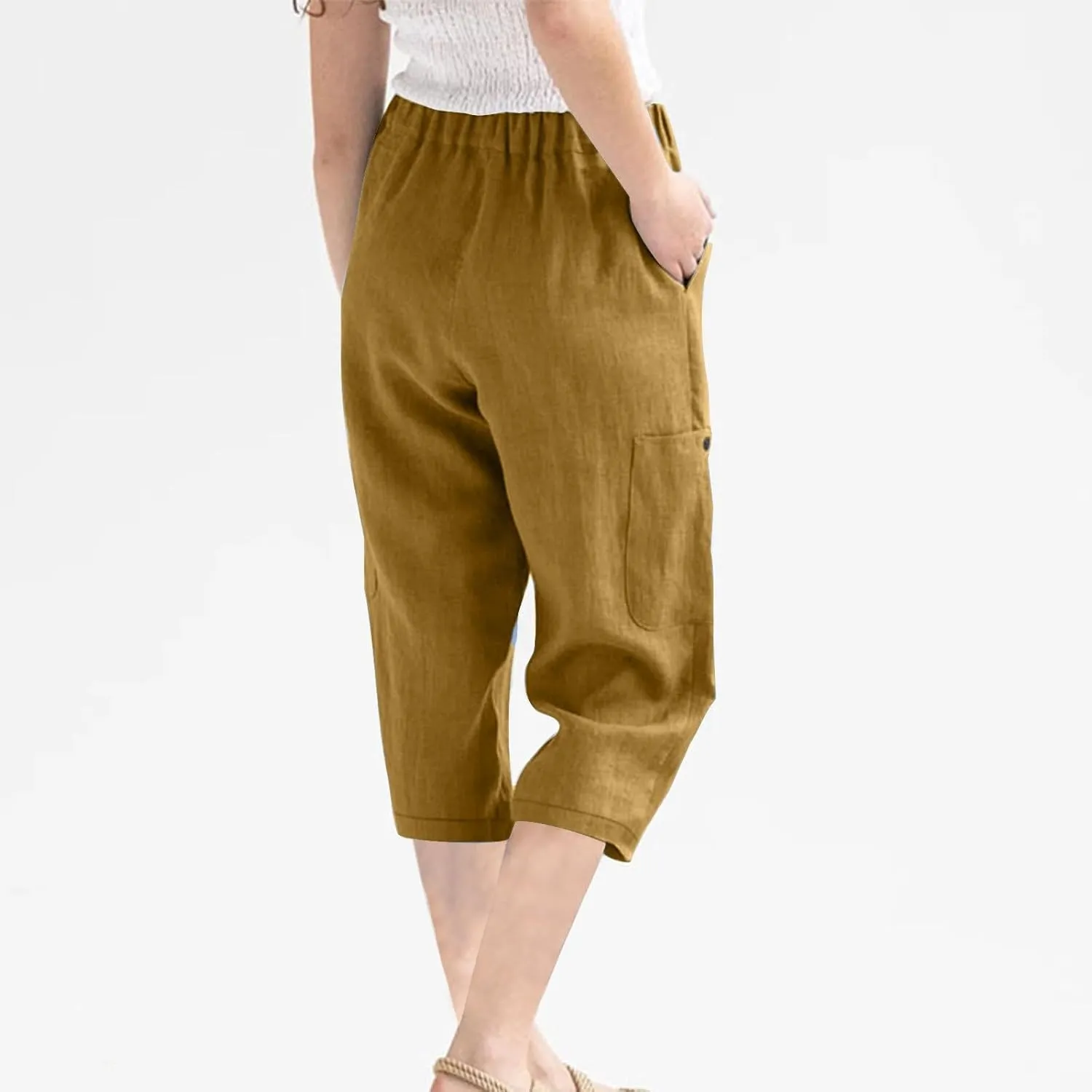 Linen Pants Women Casual 2025 Summer Elastic Waist Pull on Capri Pants Pull on Straight Leg Cropped Pants with Pockets