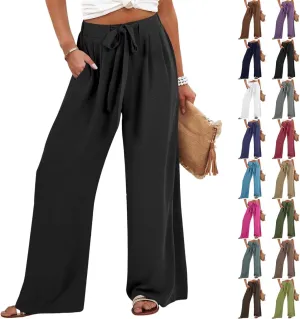 Linen Pants Women Summer Palazzo Pant Woman Wide Leg Drawstring Trousers Casual Flowy Boho Outfits for Beach Vacation