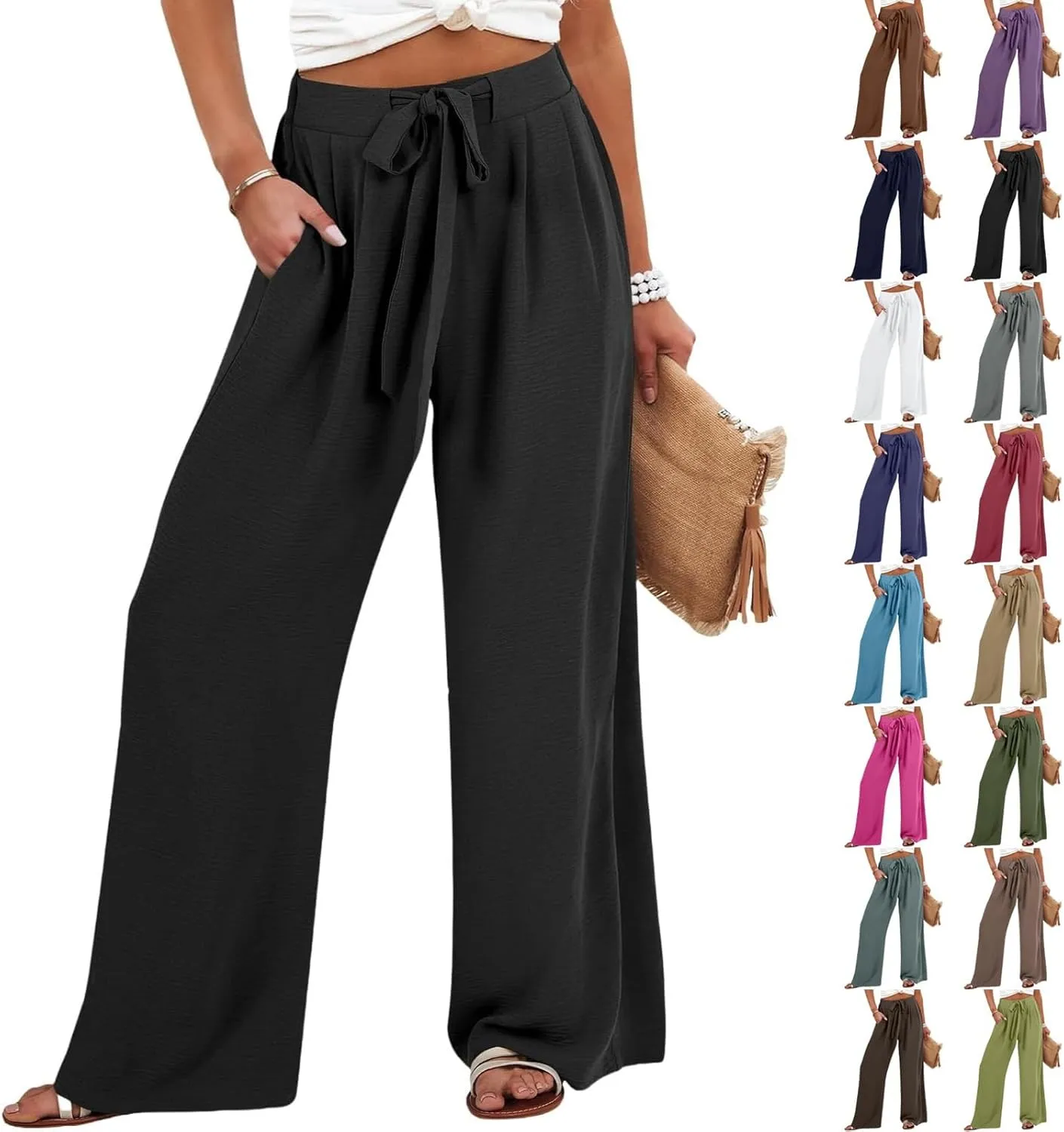 Linen Pants Women Summer Palazzo Pant Woman Wide Leg Drawstring Trousers Casual Flowy Boho Outfits for Beach Vacation
