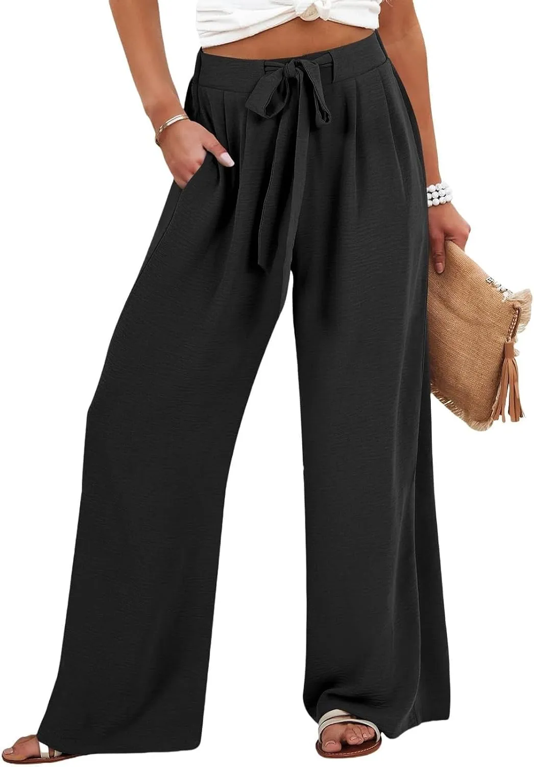 Linen Pants Women Summer Palazzo Pant Woman Wide Leg Drawstring Trousers Casual Flowy Boho Outfits for Beach Vacation