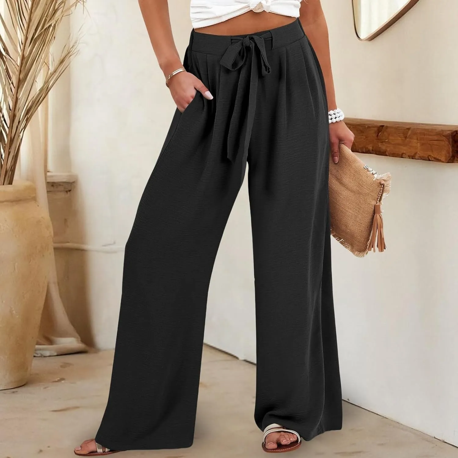 Linen Pants Women Summer Palazzo Pant Woman Wide Leg Drawstring Trousers Casual Flowy Boho Outfits for Beach Vacation