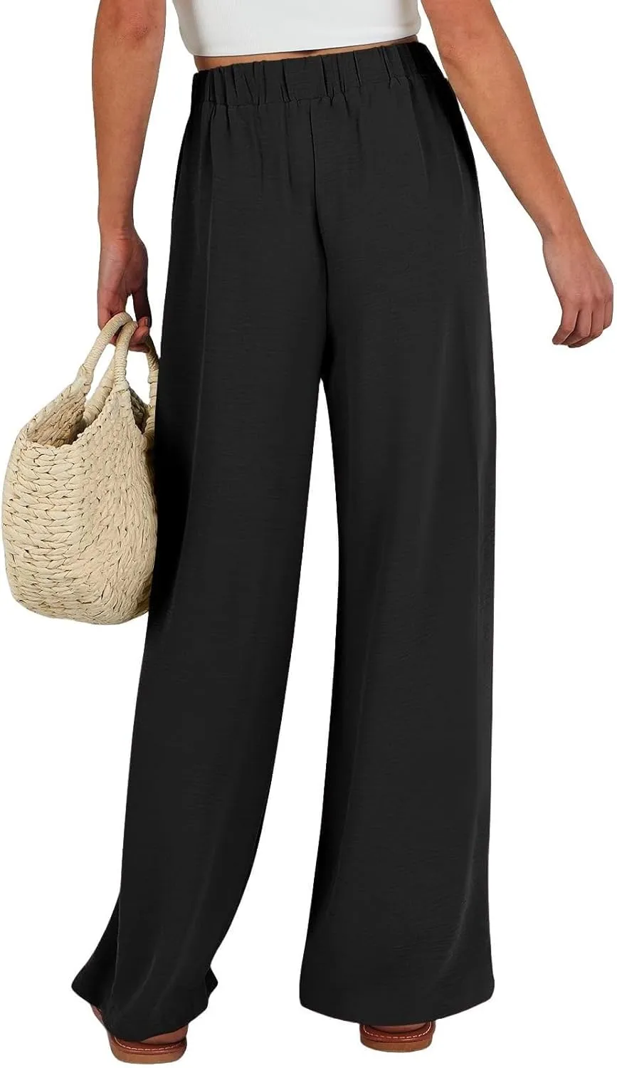 Linen Pants Women Summer Palazzo Pant Woman Wide Leg Drawstring Trousers Casual Flowy Boho Outfits for Beach Vacation