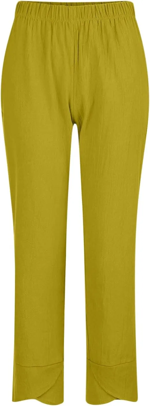 Linen Pants Women Summer Trendy Wide Leg Tulip Hem Trousers Casual Lightweight Elastic High Waist Beach Palazzo