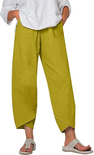 Linen Pants Women Summer Trendy Wide Leg Tulip Hem Trousers Casual Lightweight Elastic High Waist Beach Palazzo