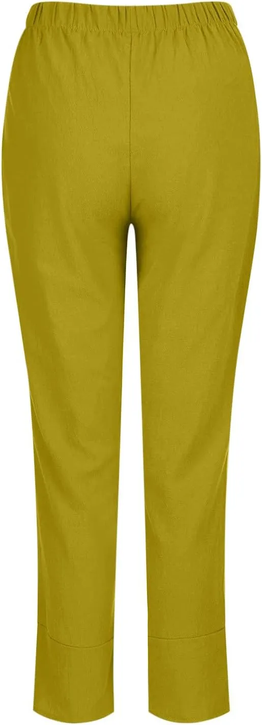 Linen Pants Women Summer Trendy Wide Leg Tulip Hem Trousers Casual Lightweight Elastic High Waist Beach Palazzo