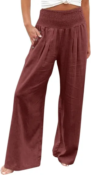 Linen Pants Women Summer Wide Leg Drawstring Elastic Waist High Waisted Lounge Pants Casual Beach Trousers with Pockets