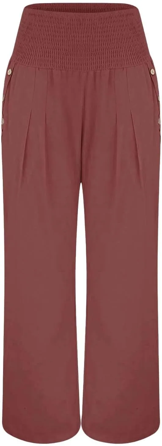 Linen Pants Women Summer Wide Leg Drawstring Elastic Waist High Waisted Lounge Pants Casual Beach Trousers with Pockets