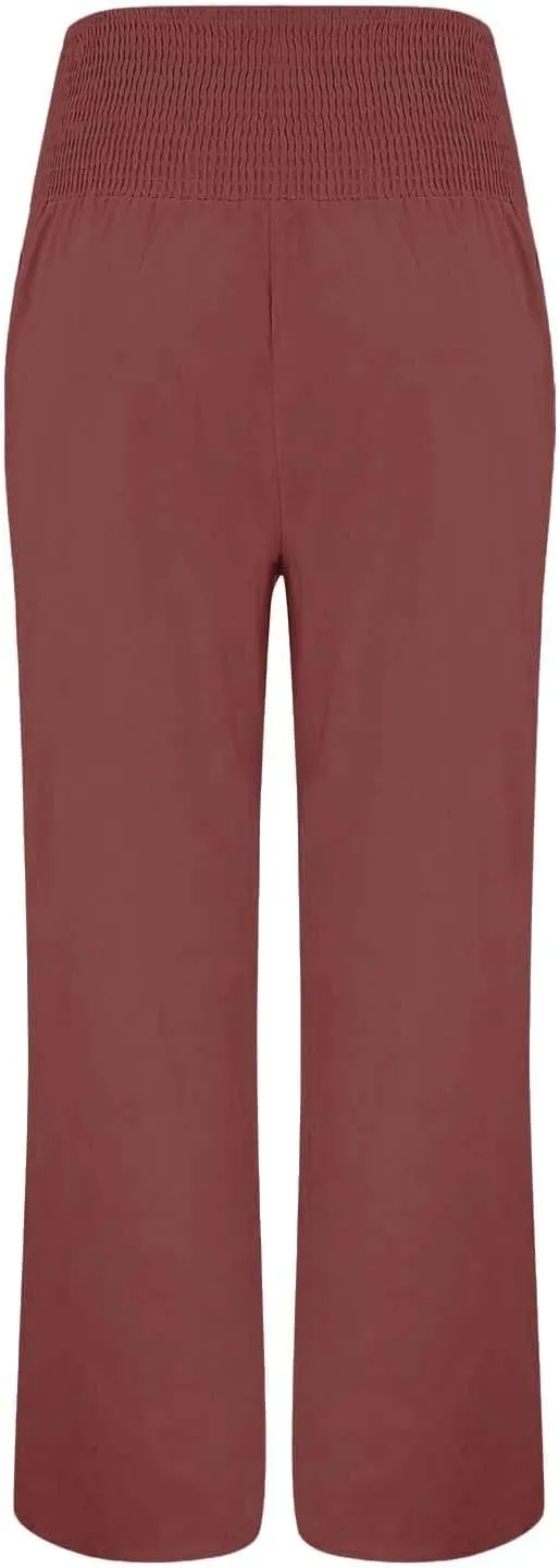 Linen Pants Women Summer Wide Leg Drawstring Elastic Waist High Waisted Lounge Pants Casual Beach Trousers with Pockets