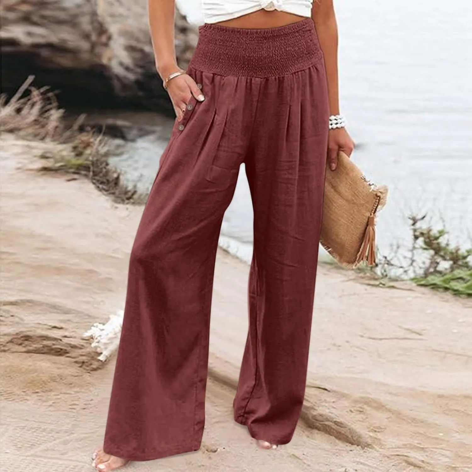 Linen Pants Women Summer Wide Leg Drawstring Elastic Waist High Waisted Lounge Pants Casual Beach Trousers with Pockets