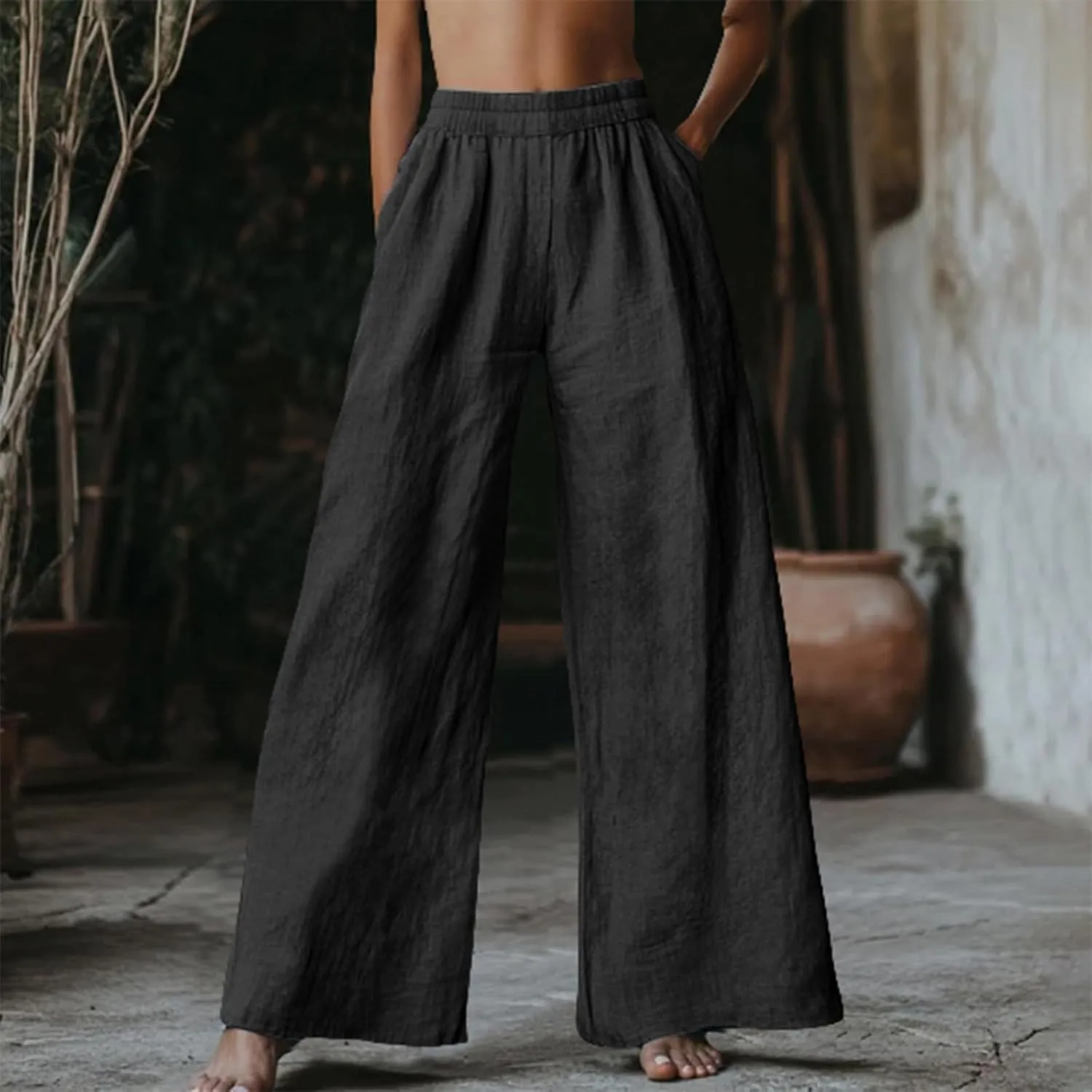 Linen Pants Women Summer Wide Leg Elastic High Waist Pants Summer Casual Long Trousers with Pockets Boho Clothes