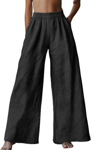 Linen Pants Women Summer Wide Leg Elastic High Waist Pants Summer Casual Long Trousers with Pockets Boho Clothes