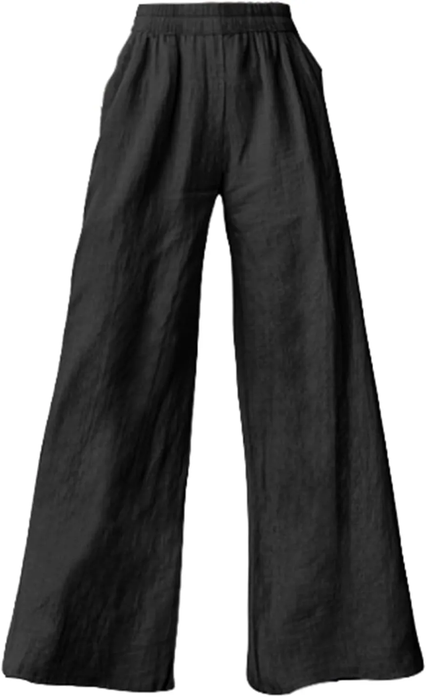 Linen Pants Women Summer Wide Leg Elastic High Waist Pants Summer Casual Long Trousers with Pockets Boho Clothes