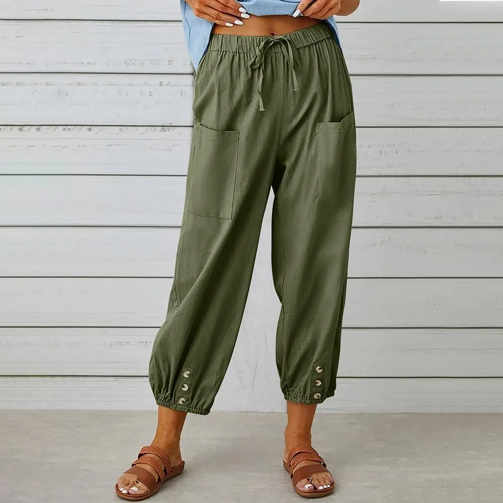 LOAIHA Linen Capri Pants for Women Casual High Waist Drawstring Elastic Button Bottom Boho Floral Loose Trouser with Pockets