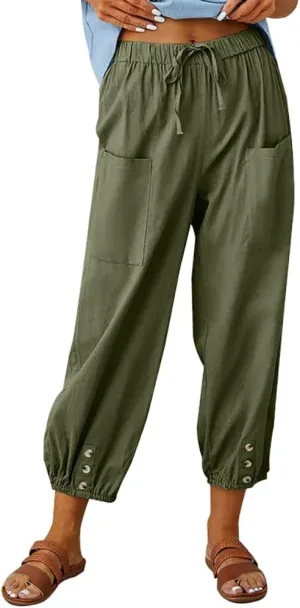 LOAIHA Linen Capri Pants for Women Casual High Waist Drawstring Elastic Button Bottom Boho Floral Loose Trouser with Pockets