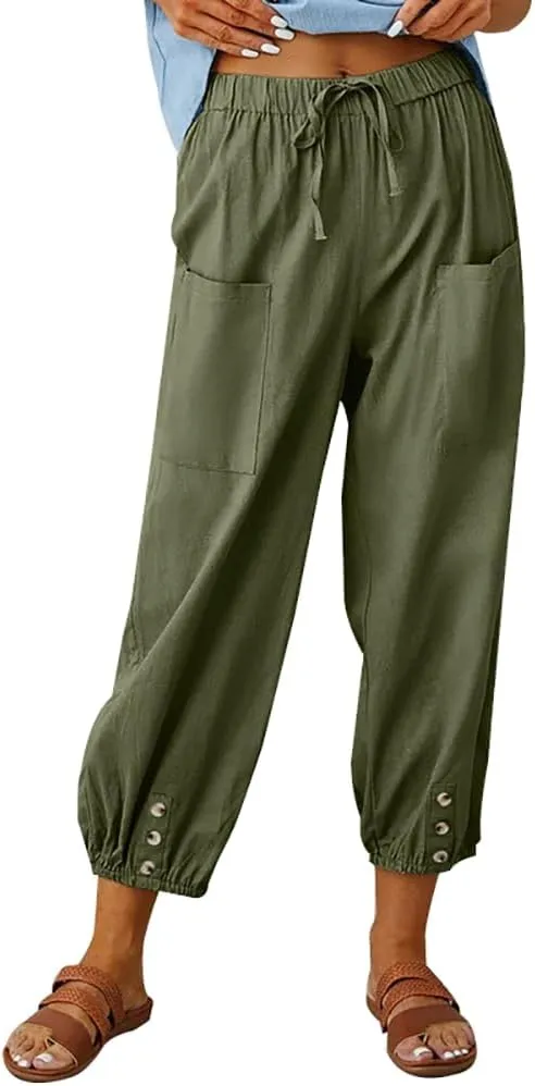 LOAIHA Linen Capri Pants for Women Casual High Waist Drawstring Elastic Button Bottom Boho Floral Loose Trouser with Pockets