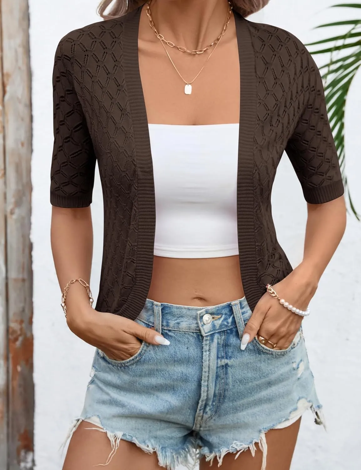 LOMON Womens Cropped Cardigan Short Sleeve Bolero Shrug Sweater Open Front Lightweight