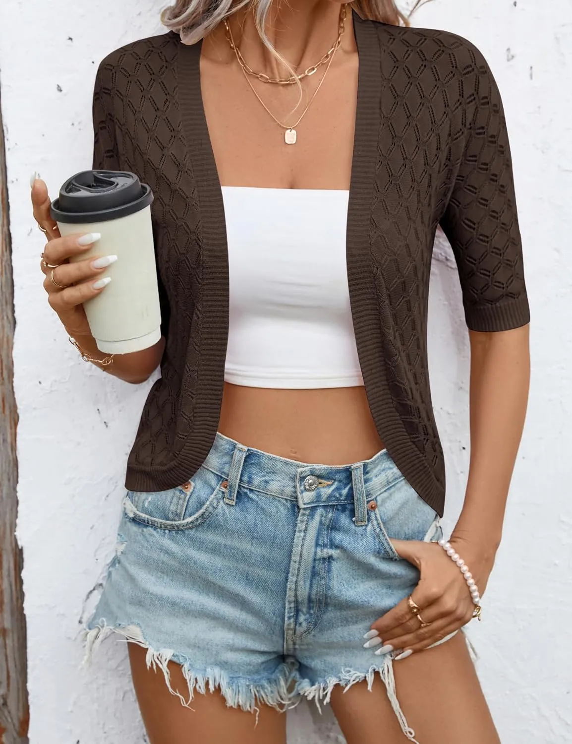 LOMON Womens Cropped Cardigan Short Sleeve Bolero Shrug Sweater Open Front Lightweight