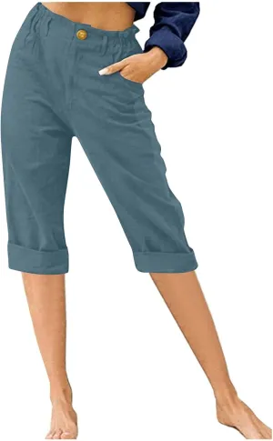 LRMQS Womens Capris for Summer Cotton Linen Pants Casual 2025 Loose Comfy Trendy Elastic Waist Cropped Trouser Beach Clothes