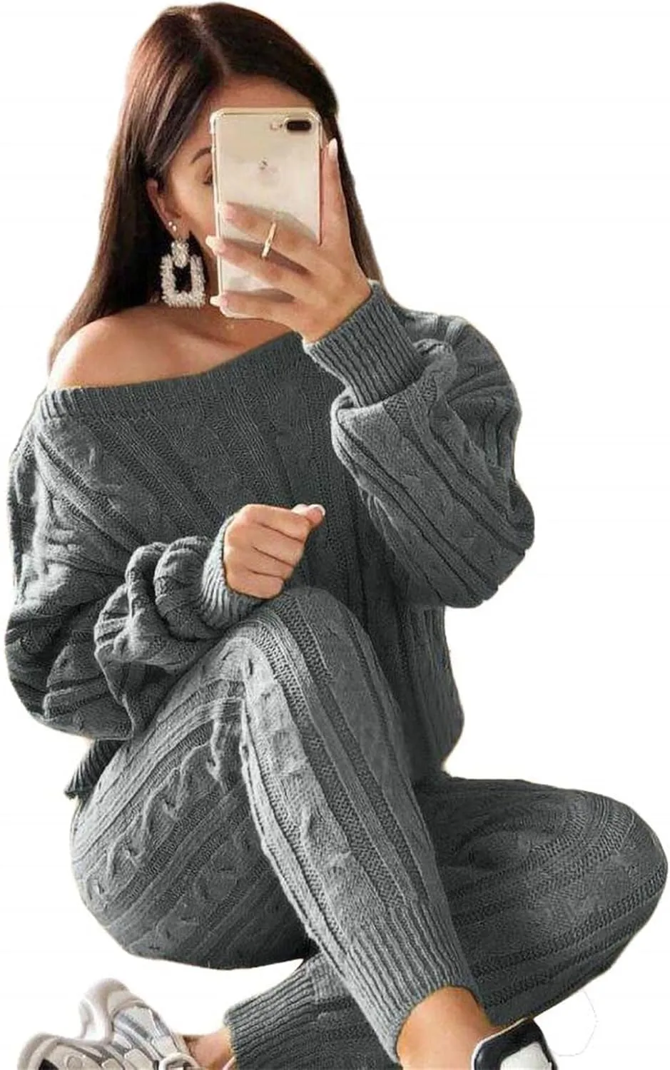 Lucuna Women's 2024 Fall Sweater Set 2 Piece Outfits Cable Knit Chunky Crew Neck Pullover Top Pants Loungewear