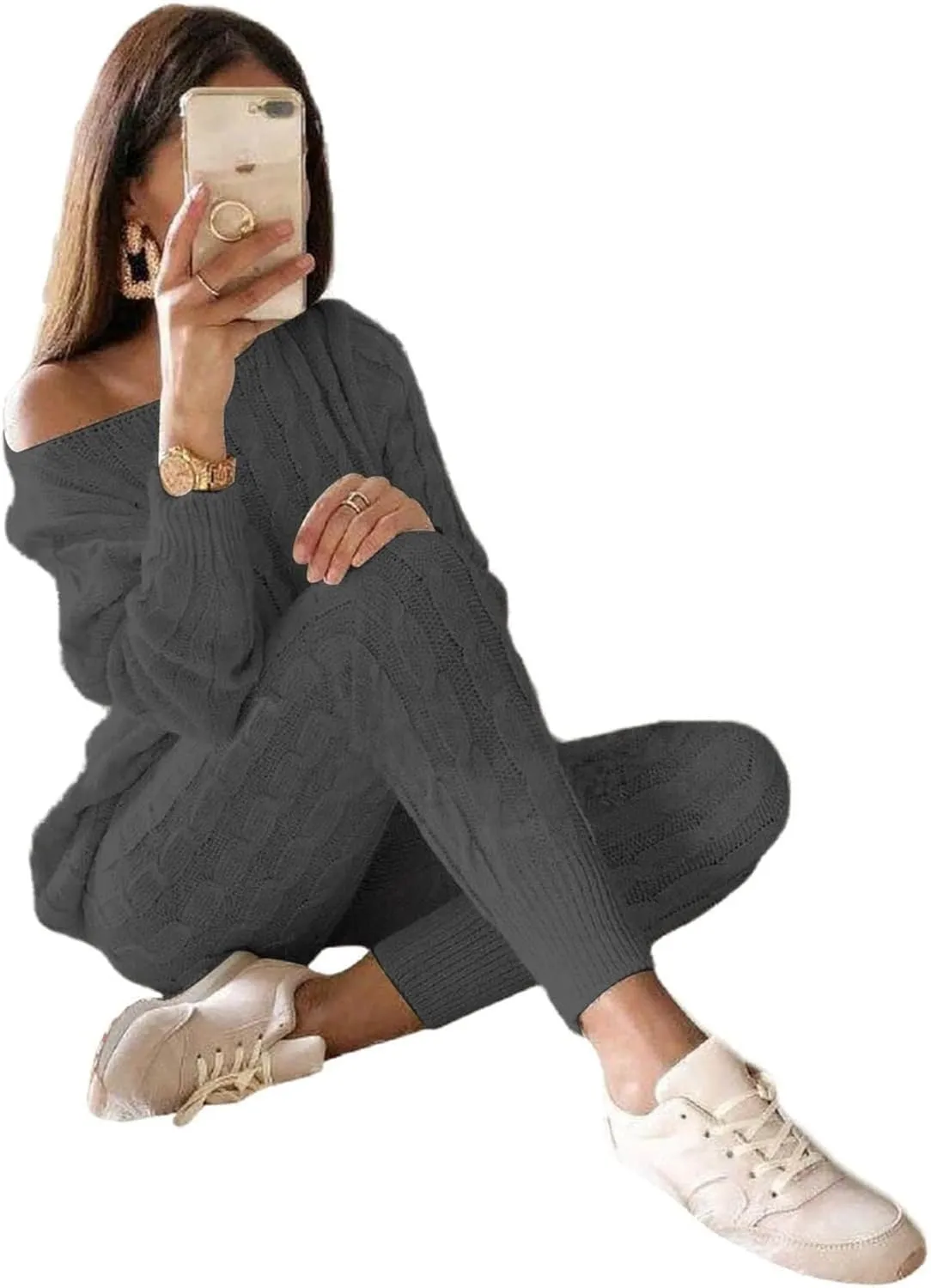 Lucuna Women's 2024 Fall Sweater Set 2 Piece Outfits Cable Knit Chunky Crew Neck Pullover Top Pants Loungewear