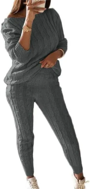 Lucuna Women's 2024 Fall Sweater Set 2 Piece Outfits Cable Knit Chunky Crew Neck Pullover Top Pants Loungewear