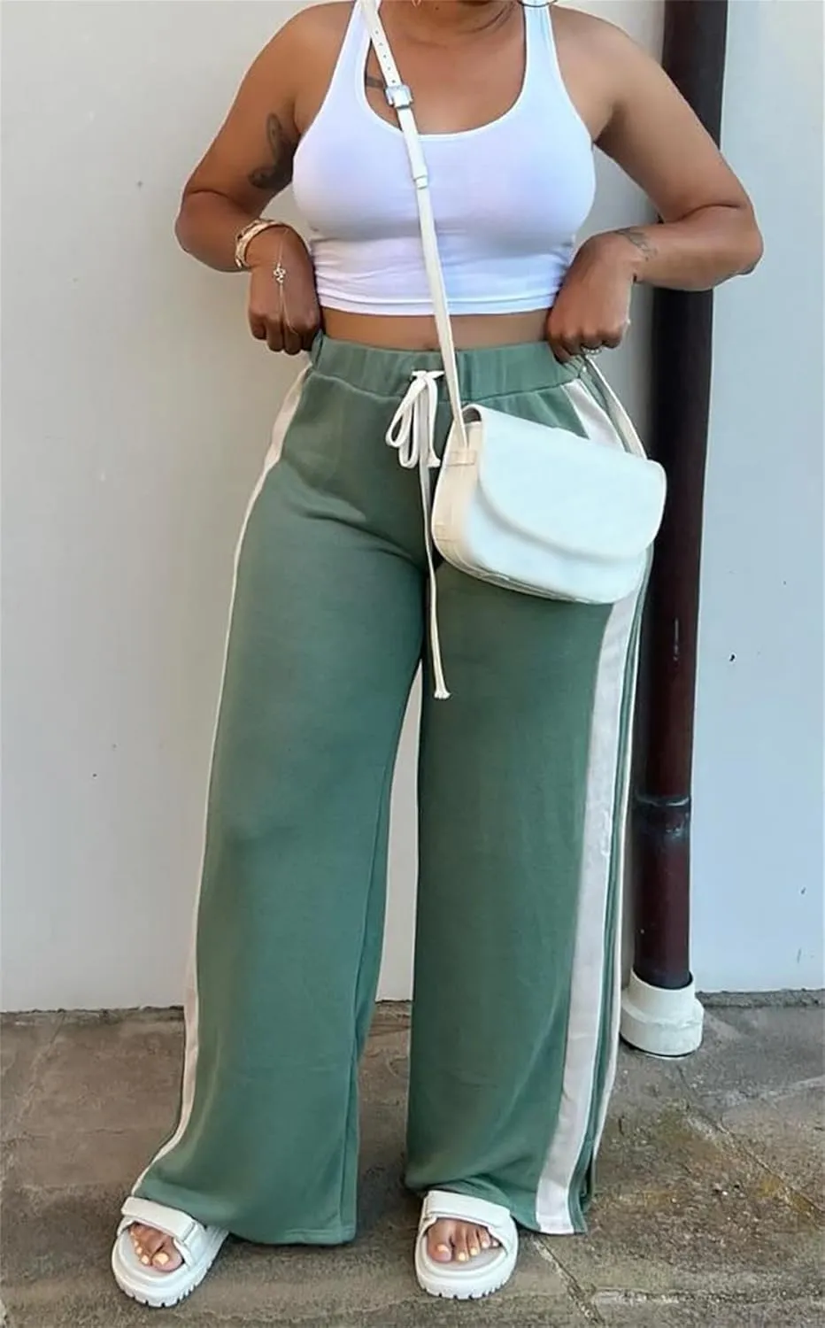 Lucuna Women's Wide Leg Sweatpants Striped High Waisted Drawstring Loose Straight Leg Lounge Baggy Pants