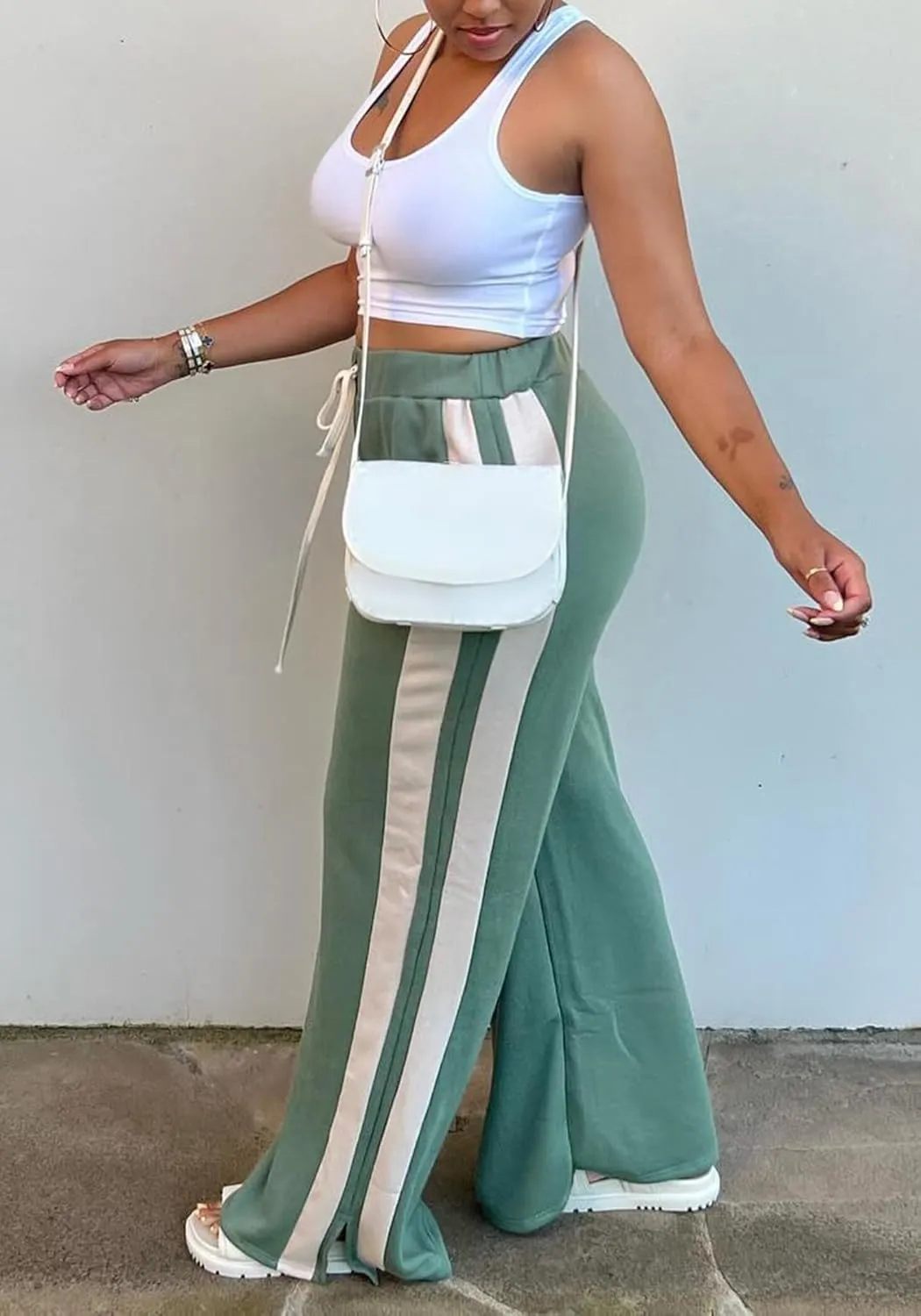 Lucuna Women's Wide Leg Sweatpants Striped High Waisted Drawstring Loose Straight Leg Lounge Baggy Pants