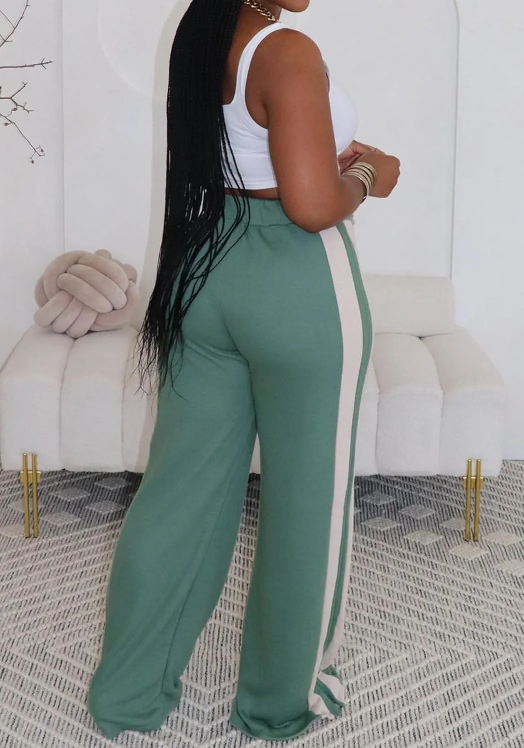 Lucuna Women's Wide Leg Sweatpants Striped High Waisted Drawstring Loose Straight Leg Lounge Baggy Pants