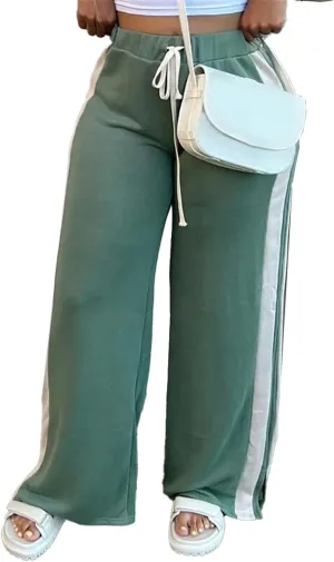 Lucuna Women's Wide Leg Sweatpants Striped High Waisted Drawstring Loose Straight Leg Lounge Baggy Pants
