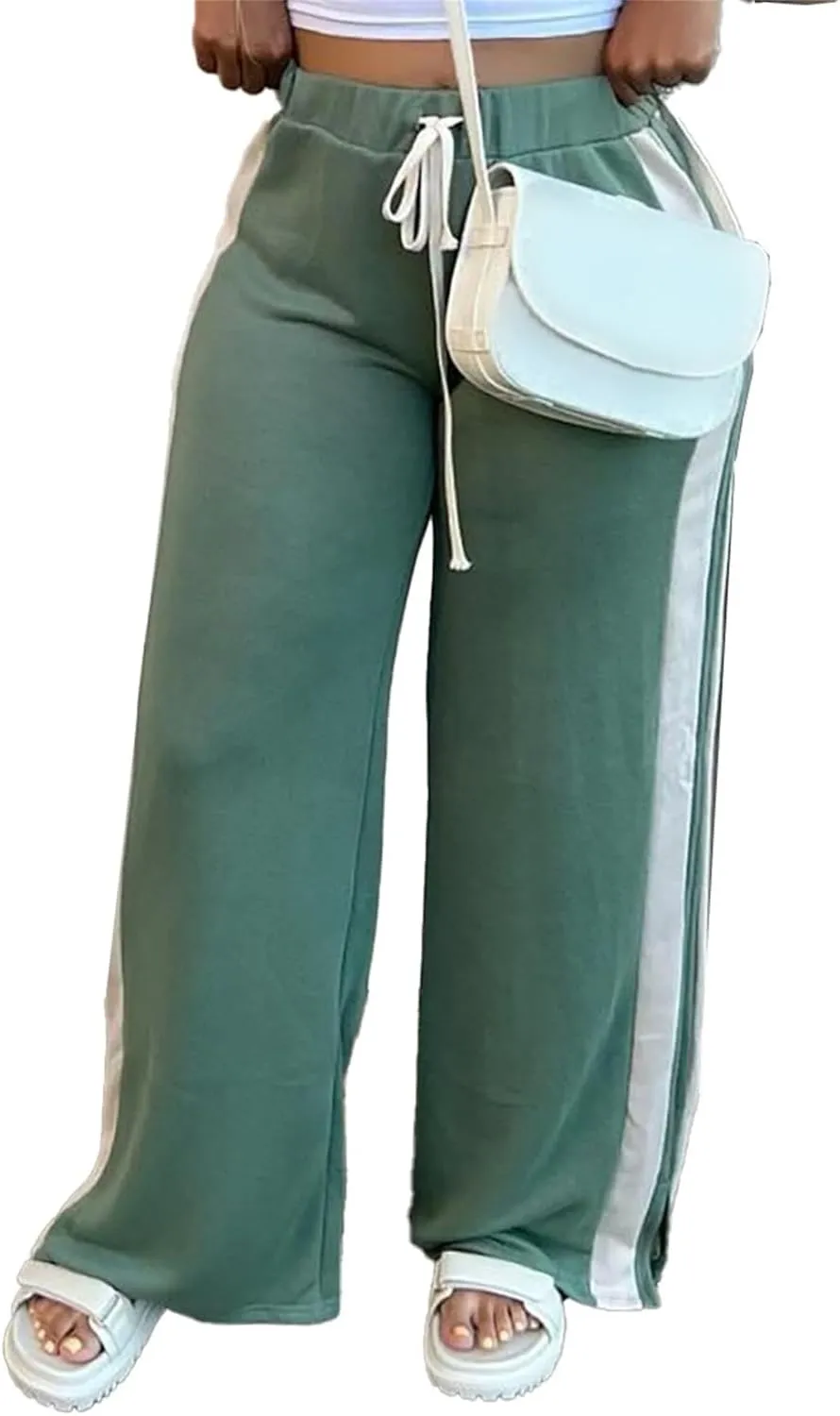 Lucuna Women's Wide Leg Sweatpants Striped High Waisted Drawstring Loose Straight Leg Lounge Baggy Pants