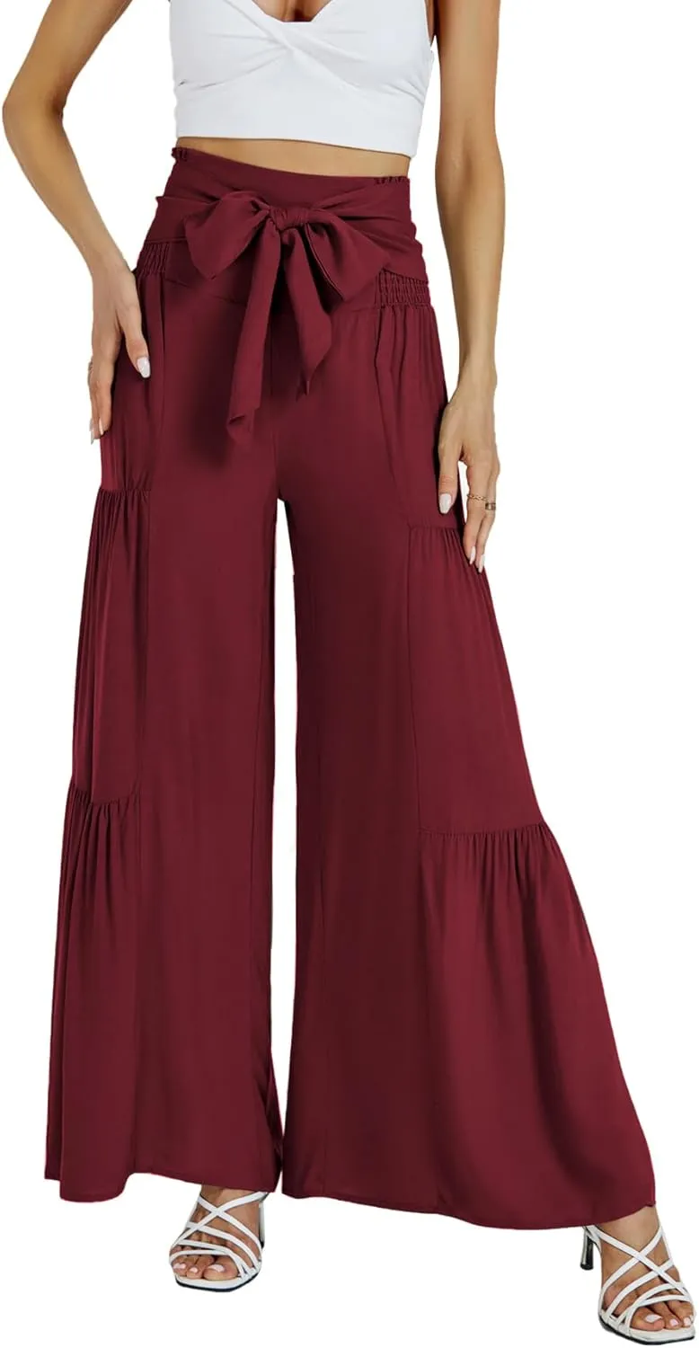 LYANER Women's Casual Tie Front Smocked High Waist Wide Leg Pleated Palazzo Lounge Pant