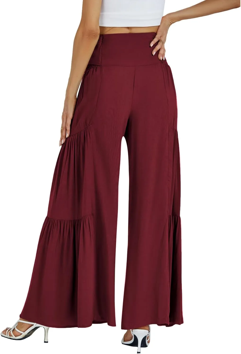 LYANER Women's Casual Tie Front Smocked High Waist Wide Leg Pleated Palazzo Lounge Pant