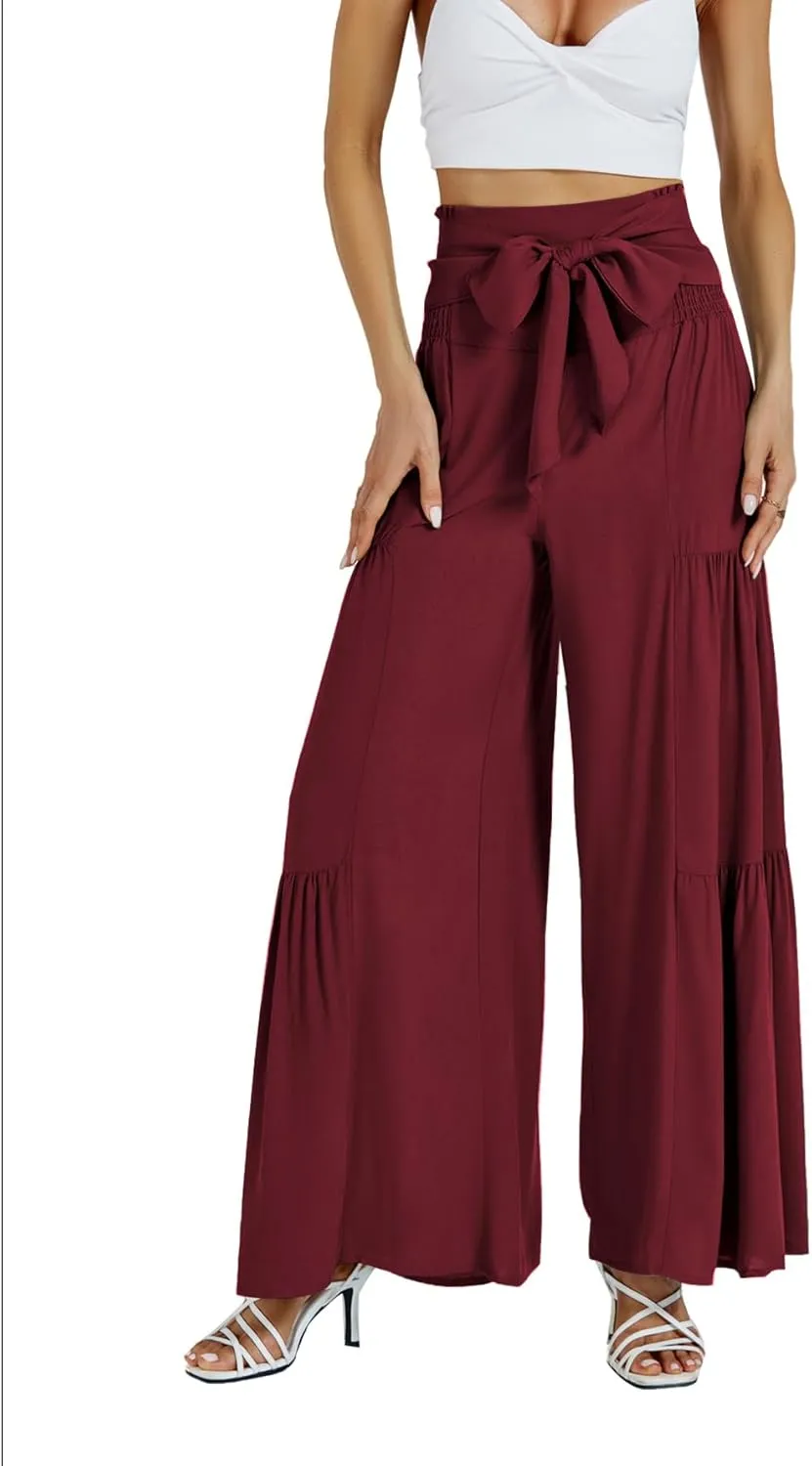 LYANER Women's Casual Tie Front Smocked High Waist Wide Leg Pleated Palazzo Lounge Pant