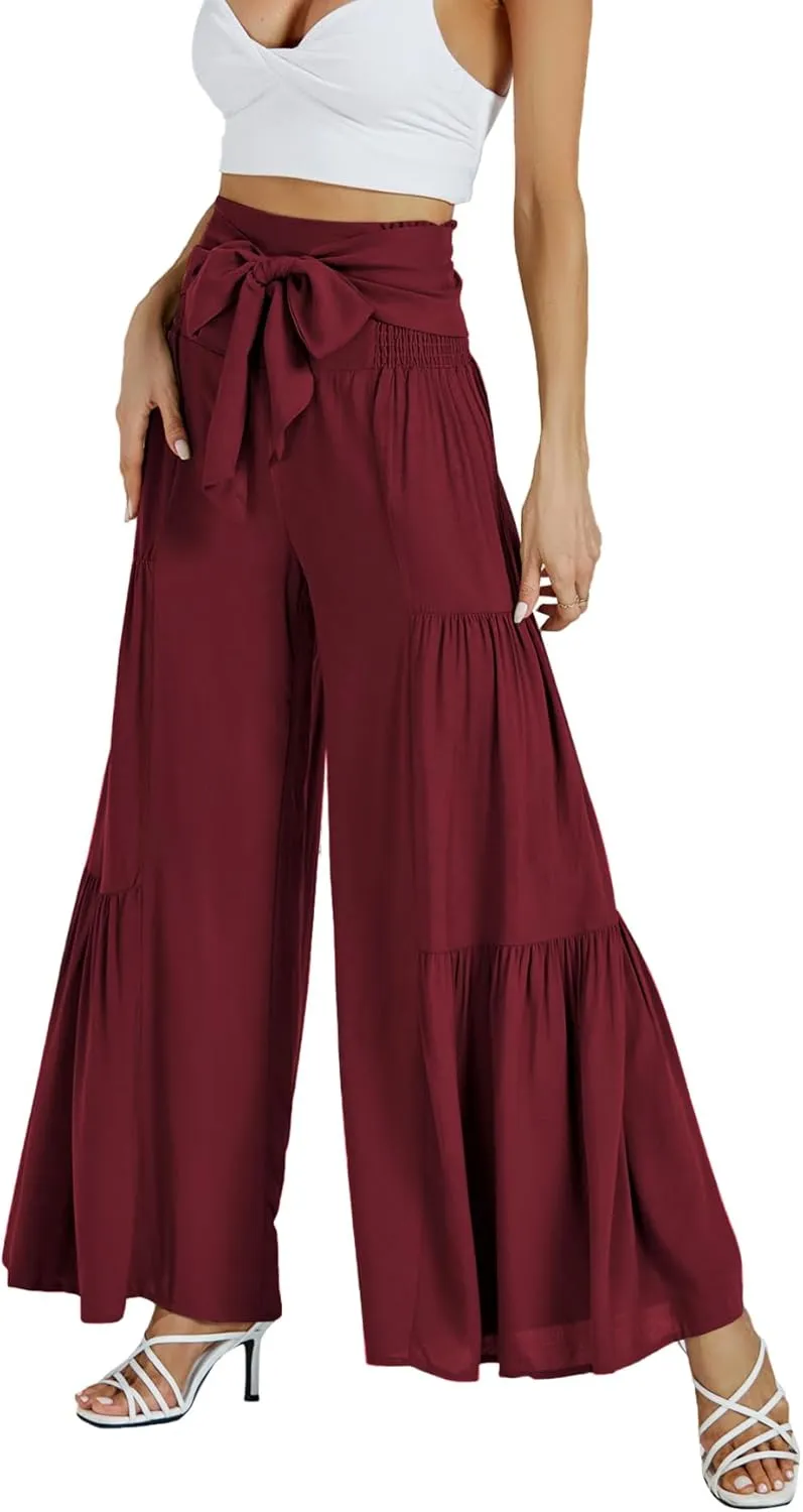 LYANER Women's Casual Tie Front Smocked High Waist Wide Leg Pleated Palazzo Lounge Pant
