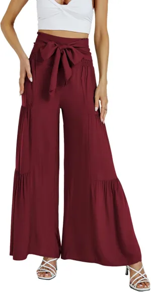 LYANER Women's Casual Tie Front Smocked High Waist Wide Leg Pleated Palazzo Lounge Pant