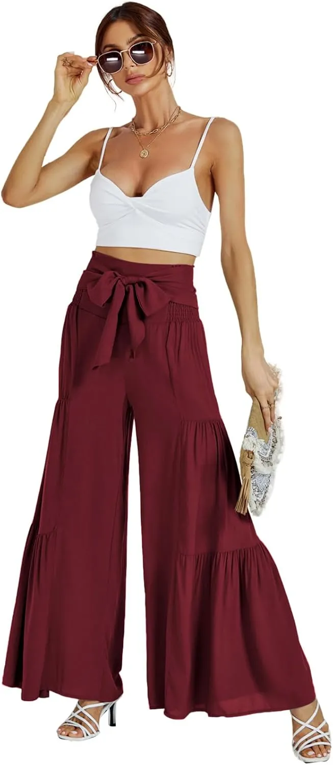LYANER Women's Casual Tie Front Smocked High Waist Wide Leg Pleated Palazzo Lounge Pant