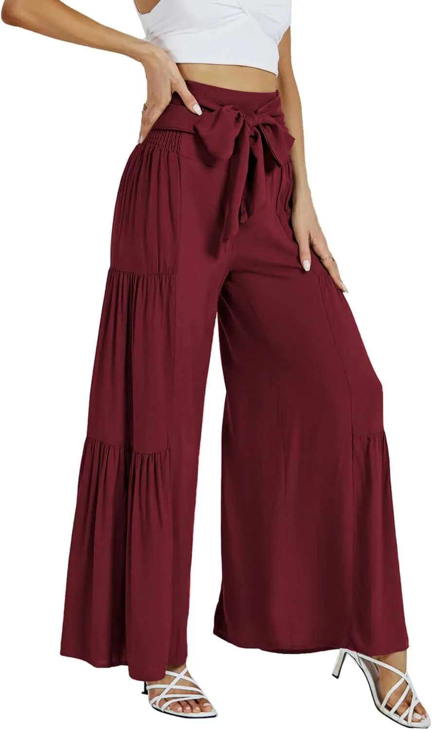LYANER Women's Casual Tie Front Smocked High Waist Wide Leg Pleated Palazzo Lounge Pant