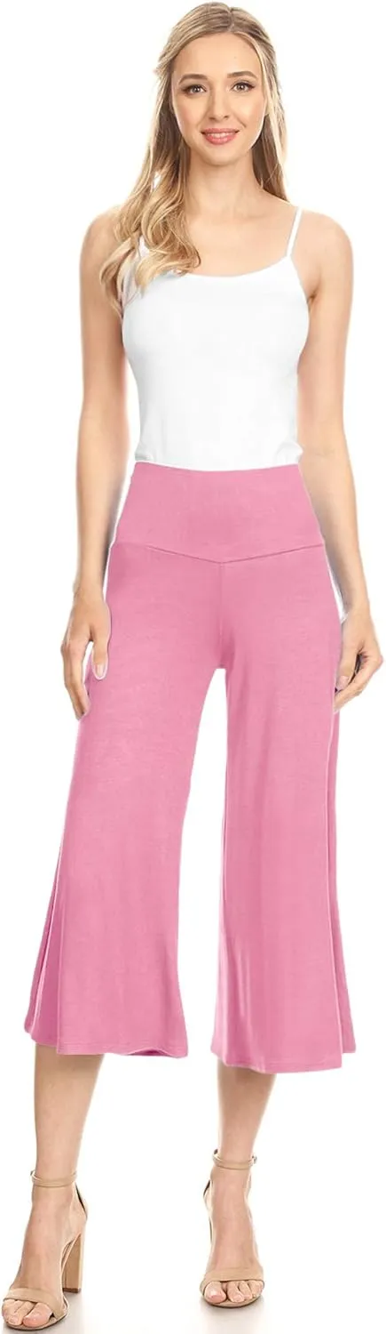 Made By Johnny Women's High Elastic Waistband Wide Leg Palazzo Culotte Gaucho Capri Pants (S~5XL)