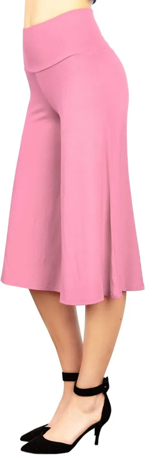 Made By Johnny Women's High Elastic Waistband Wide Leg Palazzo Culotte Gaucho Capri Pants (S~5XL)